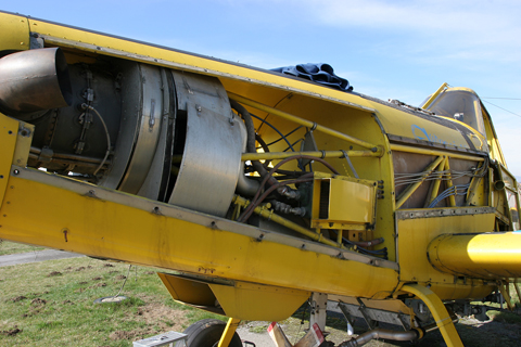 Turbo power! Up close with the Pratt&Whitney PT6A-15AG 715 HP turboprop. Like all turboprops, the PT6 is a small package for the power it delivers, with most of the space in the back taken up by auxilliary and ancilliary devices such as the starter, generator, oil pumps, control links, air intake and the odd cooler or two