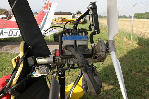 The power comes from the 64 HP (a lot!) Rotax 582. Interestingly for an aircraft engine, the 582 is a two-cylinder, two-stroke water-cooled engine - going pretty much against every conventional piston engine design guideline :)