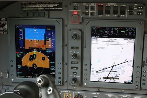 Closeup of the pilot's side, showing the PFD (Primary Flight Display) and MFD (Multi-Function Display), showing an airport chart of Le Bourget