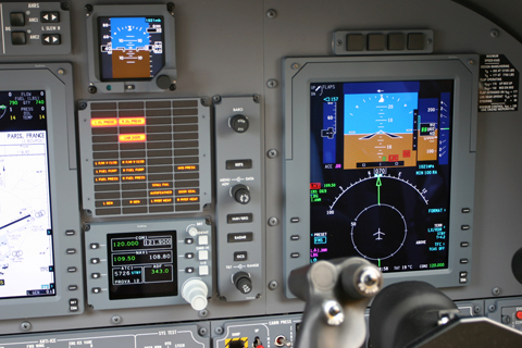 The copilot's side, with the other PFD, radios and announciatior panel
