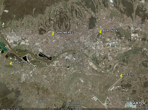 A Google Earth image of modern Zagreb, with Borongaj - and the other three Zagreb aerodromes - "pinned down" (the position of Črnomerec being approximate). Six kilometers away from the city center, Borongaj was once well outside of town...