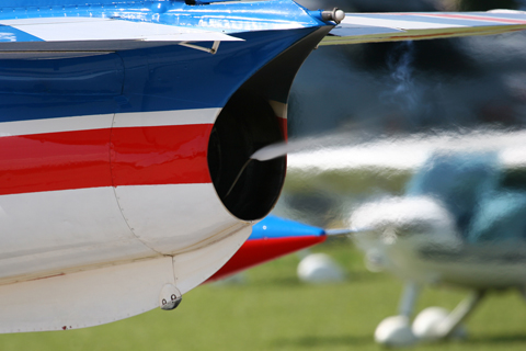 Closeup of the smoke system. As with most such systems, the smoke is generated by injecting Diesel or paraffin into the exhaust (which can also be tinted to change its color). On the G-2, the exhaust comes from a licence-built Rolls-Royce Viper Mk.22 turbojet, developing 11.12 kN of thrust