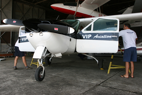 Jacked up :). Operated by VIP Aviation of Bosnia, E7-VIP - despite an odd paintscheme - was absolutely spotless! Had a peek in the cabin and the panel looks like it came off the line yesterday!