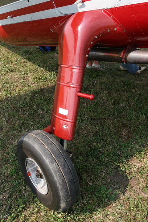 The rough-'n-tough main landing gear. Primarily intended to give the prop adequate ground clearance, like in the Storch it produces significant drag, which in turn allows steep descent rates