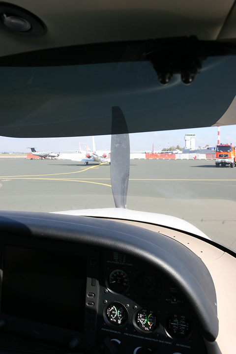 A view from the passenger's seat. Firing up the engine for the first time in awhile, we had asked for a fire truck to keep watch nearby, should the 310 HP engine decide to go bum...