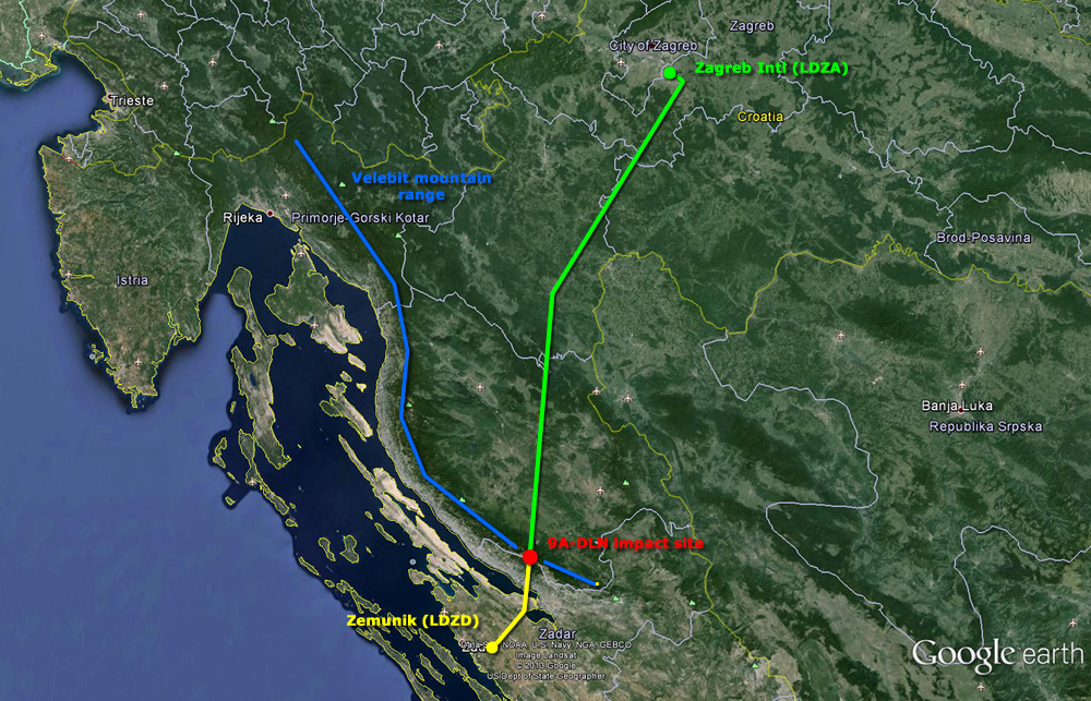 9A-DLN's actual (green) and planned remainder (yellow) of the route.