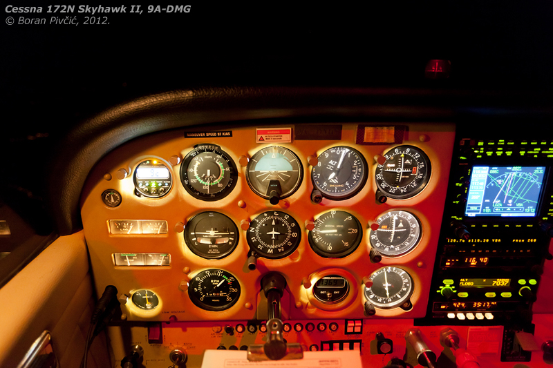 The joys of night flying: the cockpit all lit up, quiet on the frequency, the reassuringly monotonous drone of the O-320 up front - and utter blackness outside. About to join our intended route after flying a (lengthy) instrument departure from Zagreb Intl (LDZA).