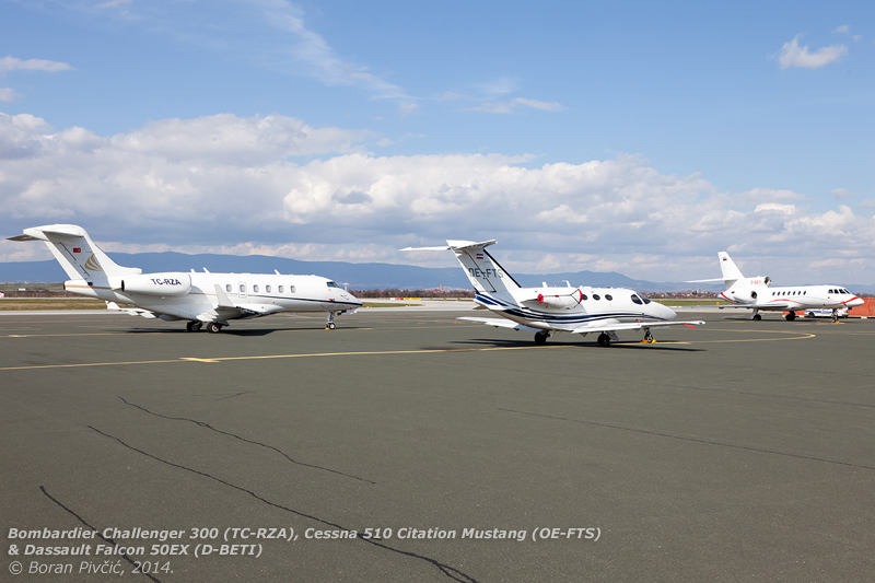 A selection for all tastes (and wallet sizes): the modern Challenger 300 for medium ranges, the classic and elegant Falcon 50EX for transoceanic flights - and the small and cheap Citation Mustang for popping into another country for a coffee 